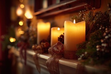 Cozy christmas candles glowing on a wooden mantel
