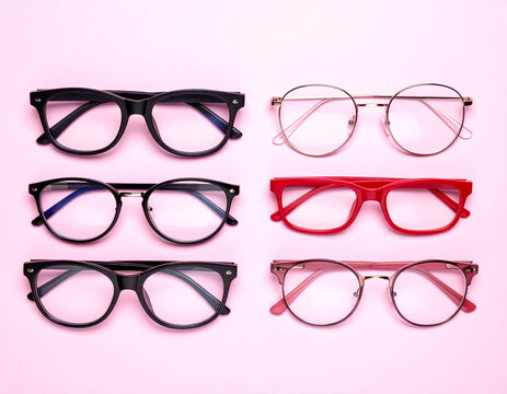 Stylish Eyeglasses Flat Lay - Diverse Frames for Vision and Fashion on Pink Background.