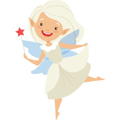 Joyful cartoon fairy with blonde hair and blue wings holding a red star wand wearing a white dress posing playfully on a transparent background