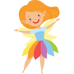 Joyful cartoon fairy girl with orange hair and rainbow dress with butterfly wings smiling and dancing with outstretched arms in a studio setting