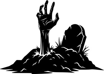 Spooky zombie hand emerging from grave silhouette vector illustration scalable eps icon for halloween silhouette White background
