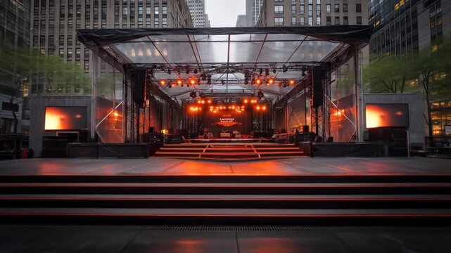 Empty outdoor stage with vibrant orange lights ready for a performance in a modern city plaza, event setup.