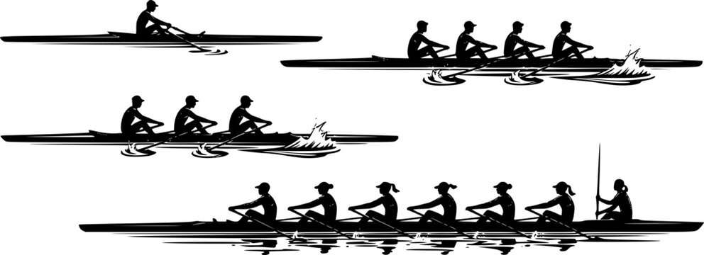 Silhouettes of single, double, quad, and eight-person rowing teams, sculling and sweep boats, competitive crew sport vector illustration, water racing concept	