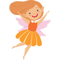 Joyful Orange Haired Fairy Girl With Pink Wings Dancing In The Air With Open Arms And A Big Smile Wearing A Cute Orange Dress And A Petal Skirt On A Transparent Background