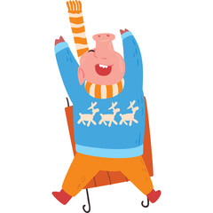 Joyful Pig Character Sledding Downhill Wearing A Blue Sweater With Reindeer And An Orange Scarf Against A White Background