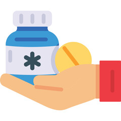 Hand Holding Blue Medicine Bottle With White Label Featuring Blue Asterisk Symbol And Yellow Pill With Orange Line On Transparent Background Health Care Concept