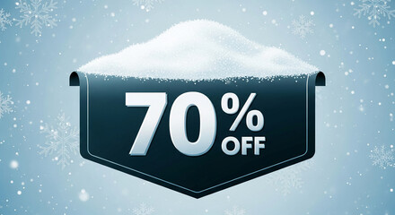 Image with dark blue tag, percentage number and snow, on a winter background with snowflakes, representing promotion, sale or special winter offer