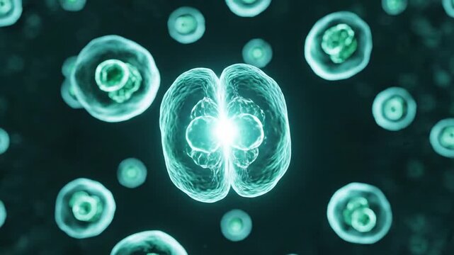 Abstract 3D rendering of glowing teal cells undergoing division, representing microscopic biology and scientific research