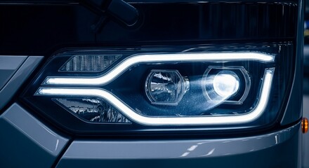 Detailed Close-up of Modern Electric Bus LED Headlights Design