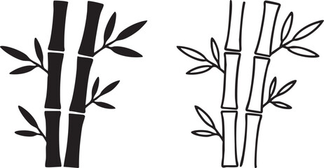 Black silhouette and outline drawing of bamboo stalks with leaves isolated on transparent background