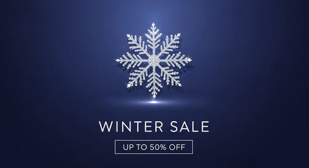 Sparkling silver snowflake on blue background, showcasing a winter sale promotion with space for text and advertisement, inviting seasonal shopping