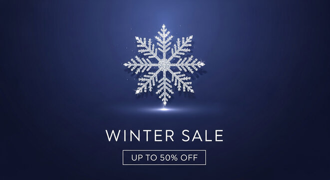 Sparkling silver snowflake on blue background, showcasing a winter sale promotion with space for text and advertisement, inviting seasonal shopping