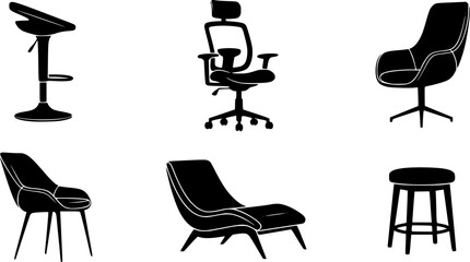 Silhouette collection of modern chairs and stools, bar seating, office furniture, ergonomic designs, vector icons for interior, furniture, and lifestyle themes 