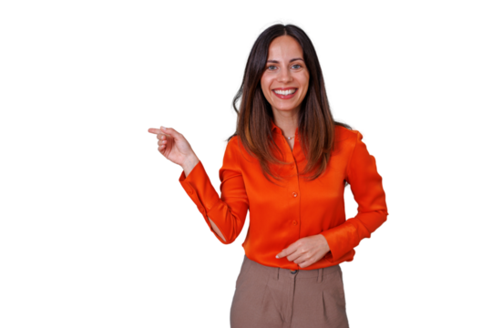 Woman smiling, pointing left, confidently presenting information or product with a cheerful gesture, transparent background