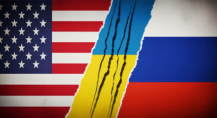 America standing with Ukraine against Russia showing the torn flags with claw marks, symbolizing geopolitical crisis and international conflict