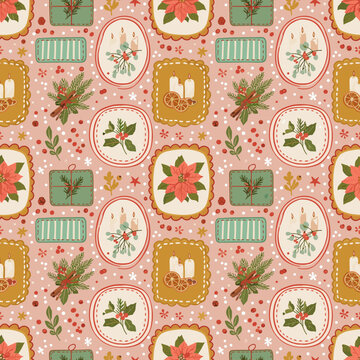 Framed Botanical Vignette SVGVector Pattern Folk-Art Christmas Wreaths & Spice Motifs in Scandinavian Style on Blush-Pink Background, Seamless Holiday Tile