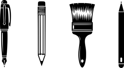 Writing and drawing tool icon set, black and white vector, pen pencil brush stylus, office stationery, sketch equipment, isolated graphic design
