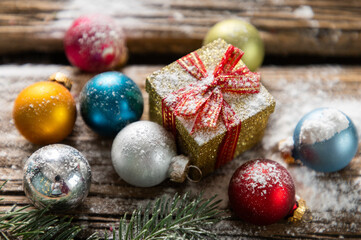 christmas card with baubles and holiday lights