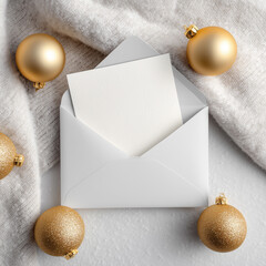 Blank White Christmas Greeting Card and Envelope Mockup with Gold Baubles on Cozy Knitted Background
