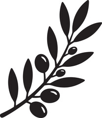Black silhouette of an olive branch with leaves and olives isolated on transparent background