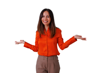 Woman presenting options with open hands, smiling at camera, offering choice, transparent background