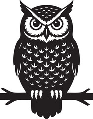 Detailed black owl silhouette perched on a branch isolated on transparent background