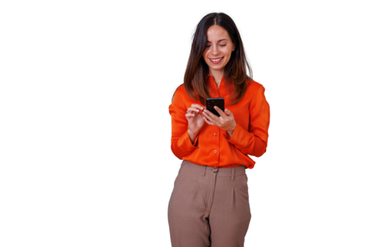 Woman smiling while using smartphone, connecting and communicating online, browsing social media apps