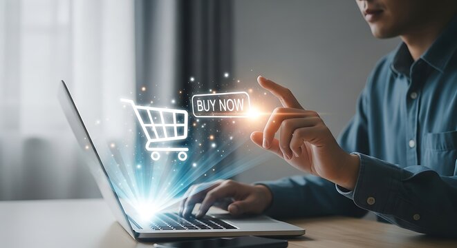 Online shopping concept with man using laptop and virtual cart.