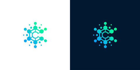 Abstract letter C logo concept with a molecular structure, symbolizing digital connection, data science, and modern technology