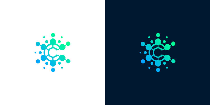 Abstract letter C logo concept with a molecular structure, symbolizing digital connection, data science, and modern technology
