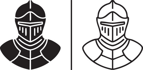 Medieval knight armor bust silhouette and outline isolated on transparent background