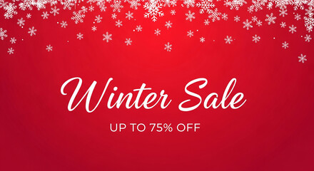 Image with white snowflakes on red background displaying a winter sale message, representing seasonal promotions and holiday shopping opportunities