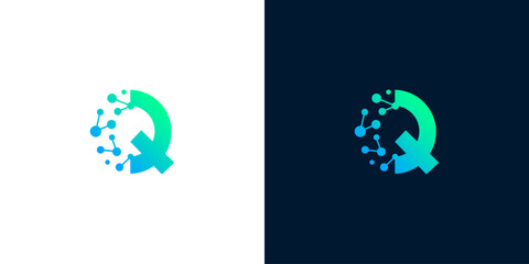 Creative initial Q logo template with dynamic data stream and network elements, ideal for technology startups and innovation brands