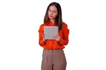 Businesswoman using digital tablet, focused on device screen, connecting with modern technology and remote work solution