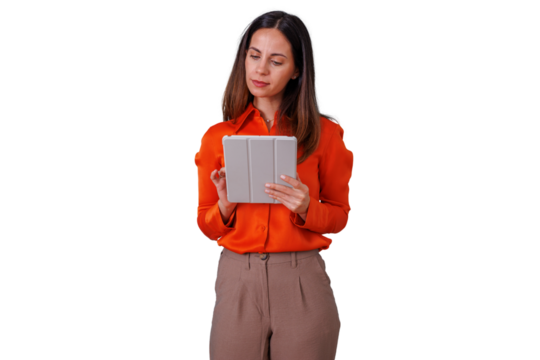 Businesswoman using digital tablet, focused on device screen, connecting with modern technology and remote work solution