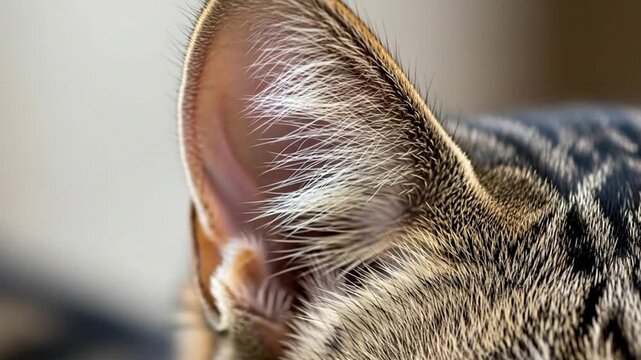 Close up of tabby cat ear with soft fur and sensitive hearing showcasing feline beauty and detail excellent for pet themed illustrations or veterinary medical content focusing on animal anatomy