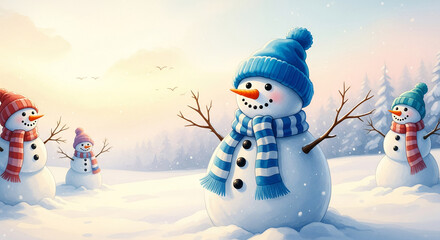 Illustration with snowman figures in a snowy landscape, wearing hat and scarf, representing winter holidays, festive mood, seasonal celebration