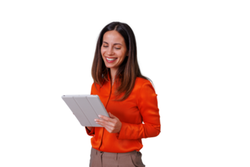 Professional smiling businesswoman using a tablet, engaging with digital content, isolated on transparent background