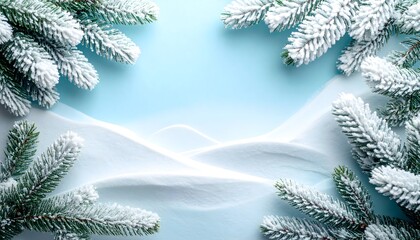 A creative winter nature layout featuring a border of frost-covered pine tree branches framing rolling snow drifts against a clear pastel blue background.