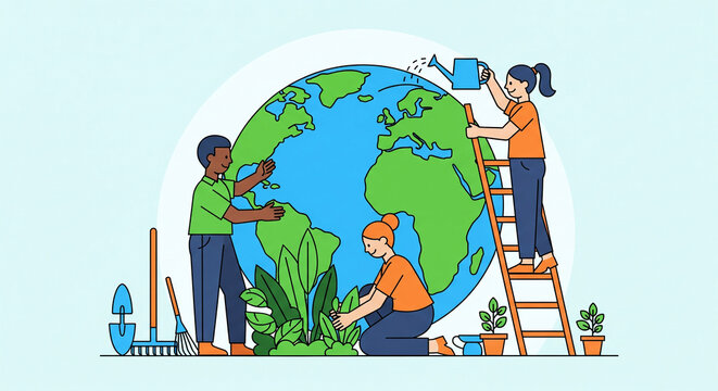 Vibrant illustration of diverse people nurturing the Earth, planting greenery and watering for a sustainable future, promoting environmental awareness and global responsibility