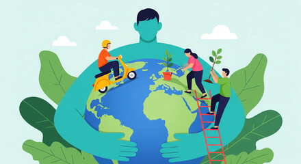 Celebrating Earth Day with community planting trees, riding scooters, and caring for our planet in a vibrant, eco-friendly way for a sustainable future