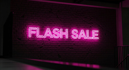 Illuminated neon sign spelling "Flash Sale" on dark brick wall. Representative of promotion, special deal, or retail discount event announcement