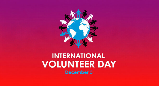 Inspiring International Volunteer Day graphic promoting global community and December 5th event, inviting participation and celebrating unity with diverse people