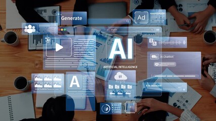 A diverse business team collaborates on artificial intelligence projects, utilizing technology and data visualizations to drive innovative solutions and strategies. Raster - Powered by Adobe