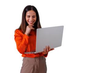 Woman standing and smiling, holding a laptop. She is engaging in remote work and online communication. Transparent background