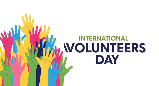 Celebrate International Volunteers Day with vibrant, colorful hands symbolizing unity and support for community service and global impact, fostering collaboration and hope