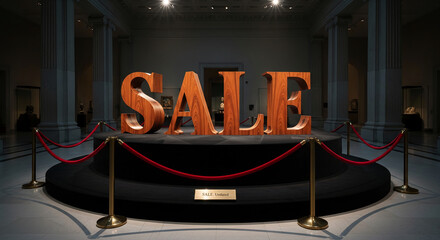 Large wooden letters spelling "SALE" displayed on a black circular stage in a museum, surrounded by red velvet ropes, suggestive of art, commerce