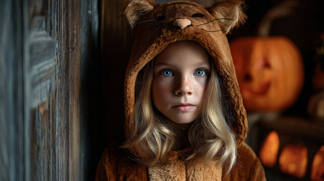 Enchanting Young Girl in Costume: A young girl, dressed in a delightful costume, exudes a charming aura, poised against the backdrop of an autumn ambiance.