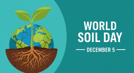 Celebrate World Soil Day on December 5th with vibrant earth and seedling graphic, perfect for environmental awareness campaigns and educational content creation
