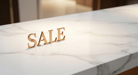 Golden "SALE" letters on a white marble surface, representative of promotional event. Elegant design and blank space for text, advertising message